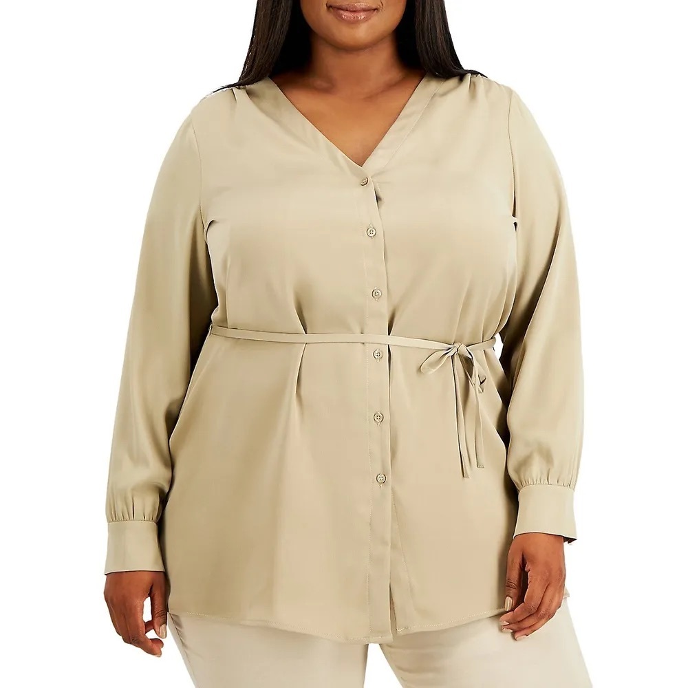 Alfani Belted Button-Front V-Neck Tunic Top